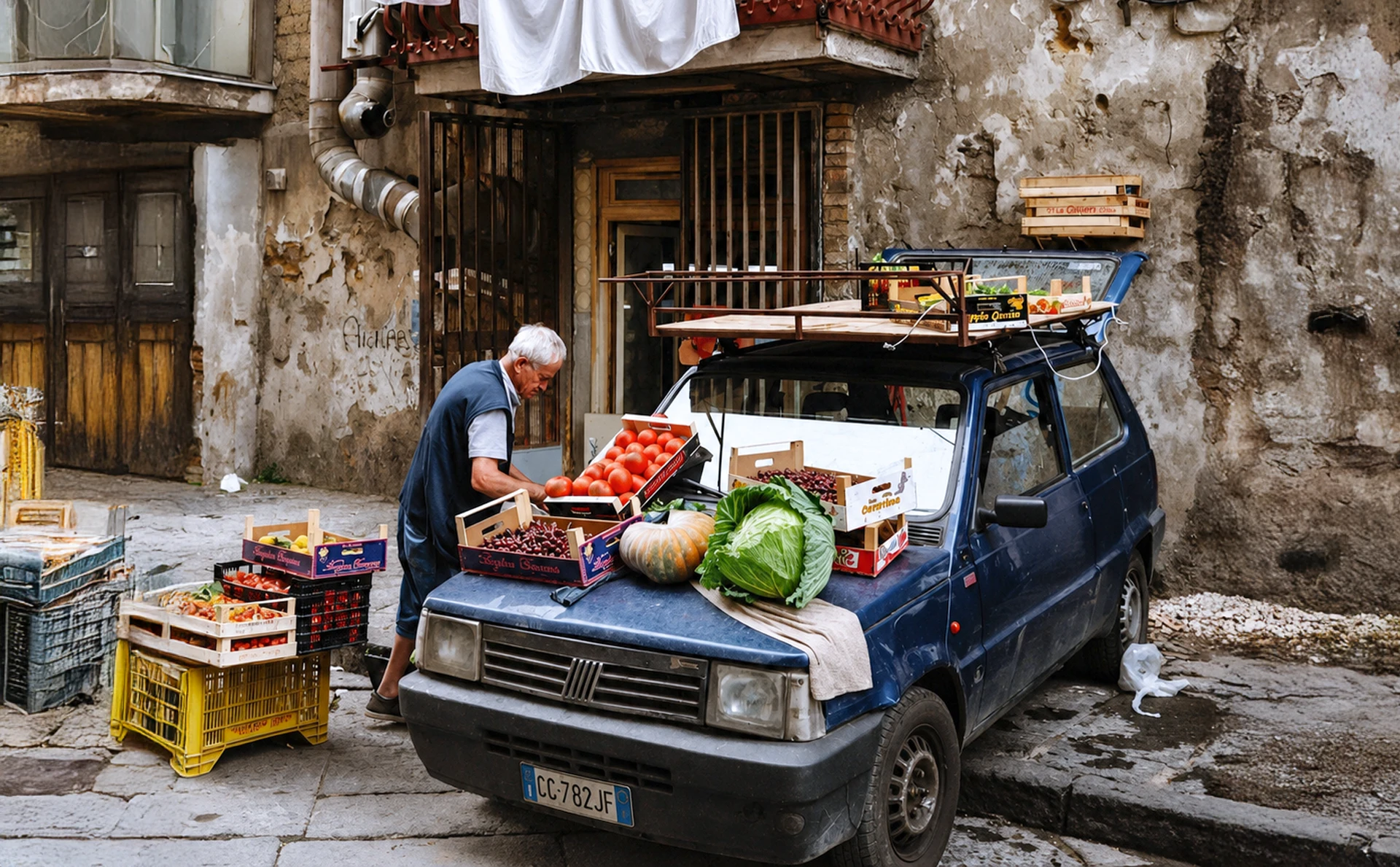 Une Fiat Panda bleue chargée de cageots de tomates et de légumes, dans une ruelle sicilienne