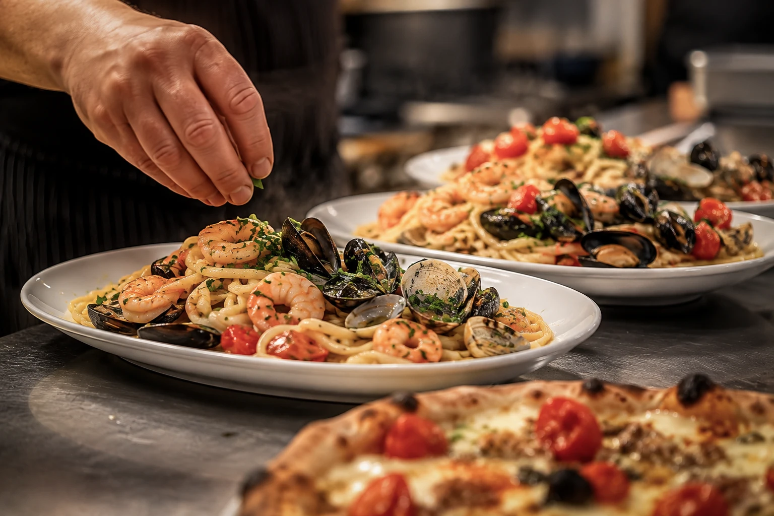 Préparation des plats siciliens dans la cuisine du restaurant Italia Mia à Nîmes