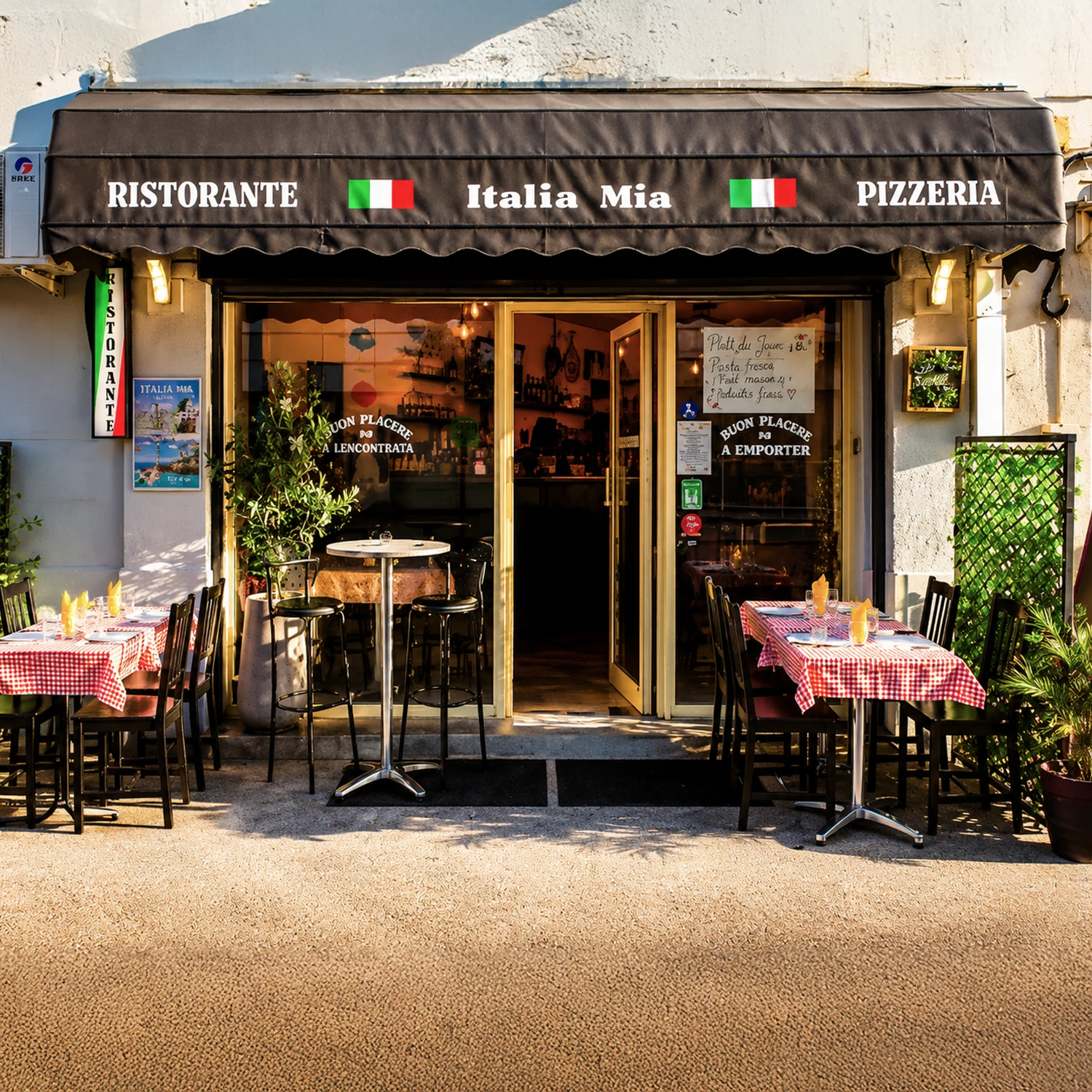Devanture d’Italia Mia au soleil couchant, tables en terrasse